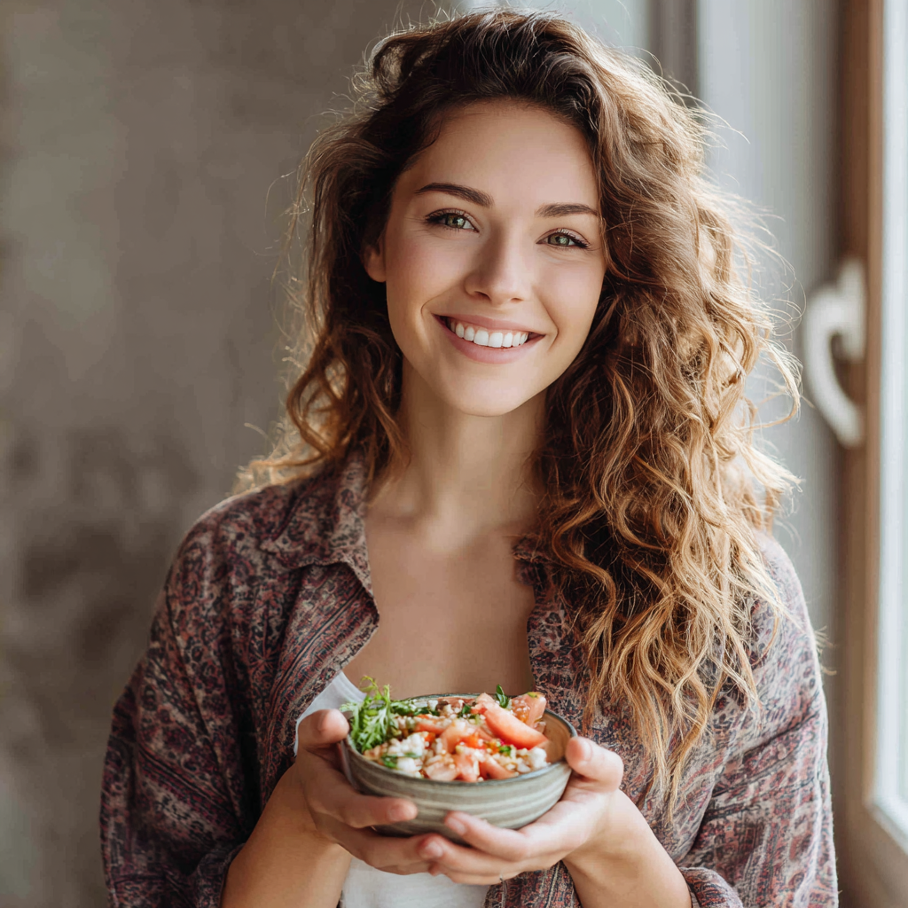 Smiling young European woman in her 30s holding a bowl of healthy food, natural lighting, realistic style