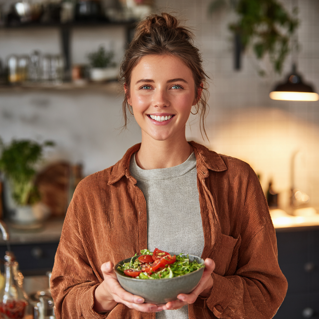 Professional European nutritionist in her 40s in modern office setting, smiling confidently, realistic style
