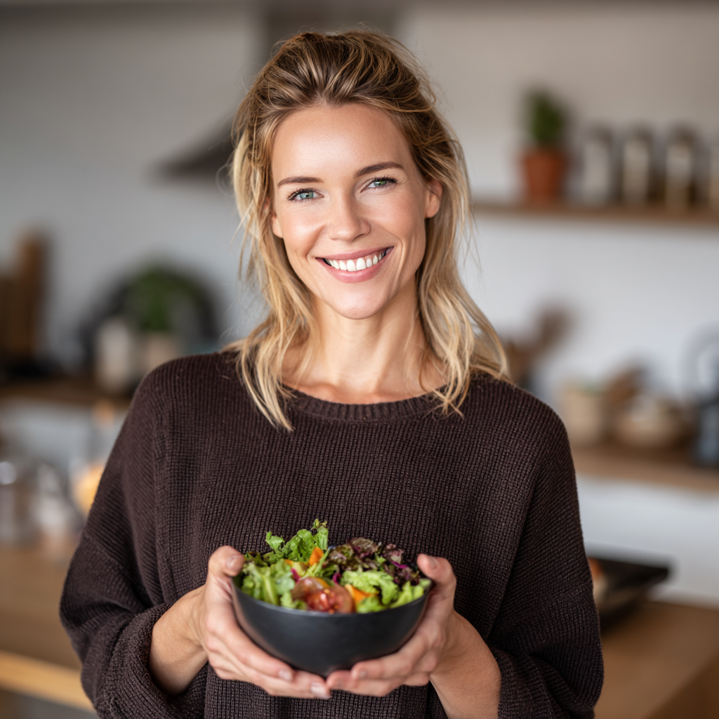 European couple in their 30s preparing colorful healthy meal together, smiling and engaged, natural kitchen lighting, realistic style